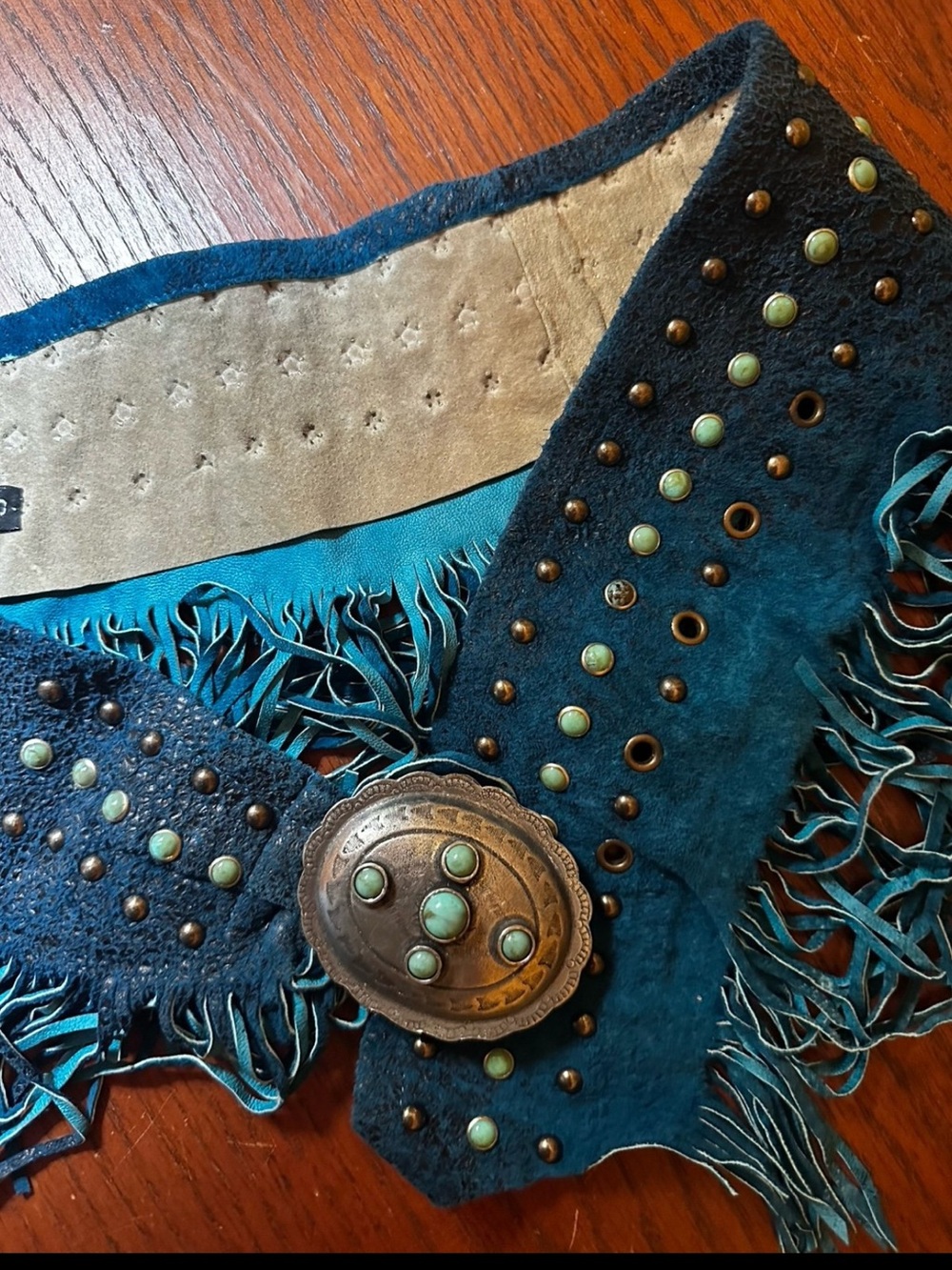 Patricia Wolf Teal Leather Suede Fringe Belt with Concho, Turquoise studd RARE